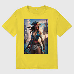 Футболка оверсайз мужская Пиратка на фона флотилии кораблей, цвет: желтый