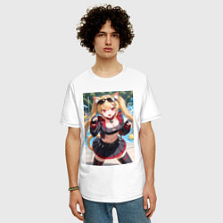 Футболка оверсайз мужская Burnice White с кошачьими ушками в позе кошки, цвет: белый — фото 2