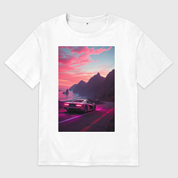 Футболка оверсайз мужская Суперкар едет к океану, цвет: белый