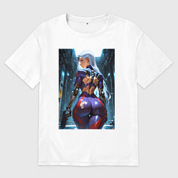 Футболка оверсайз мужская Девушка с оружием в киберпанк стиле, цвет: белый
