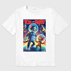 Футболка оверсайз мужская Том и Джерри - неоновый космос, цвет: белый
