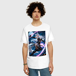 Футболка оверсайз мужская Лисица с катанами на фоне Луны, цвет: белый — фото 2