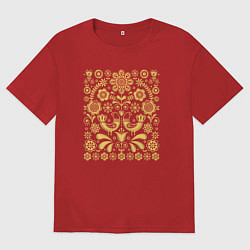 Футболка оверсайз мужская Обережный узор позолота - птицы счастья, цвет: красный