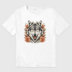 Футболка оверсайз мужская Голова волка в цветах, цвет: белый