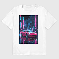 Футболка оверсайз мужская Вишневый спорткар по мокрой дороге, цвет: белый