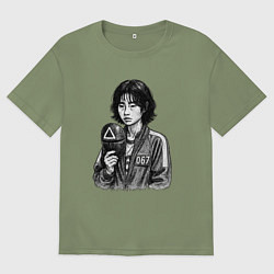 Футболка оверсайз мужская Игра в кальмара игрок 067 с маской, цвет: авокадо