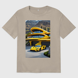 Футболка оверсайз мужская Желтый суперкар у дома, цвет: миндальный