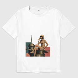 Футболка оверсайз мужская Девушка на орудийной башне ретрофутуризм поп-арт 1, цвет: белый
