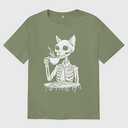 Футболка оверсайз мужская Скелет кота с чашкой кофе, цвет: авокадо