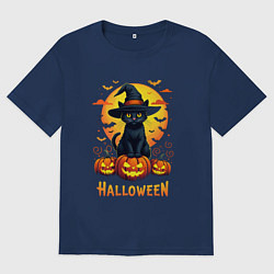 Футболка оверсайз мужская Cat on pumkins, цвет: тёмно-синий