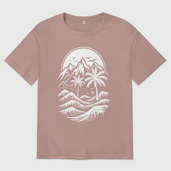 Футболка оверсайз мужская Тропический закат: горы, пальмы и море, цвет: пыльно-розовый