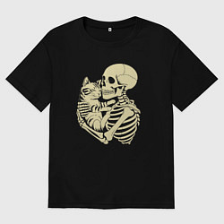 Футболка оверсайз мужская Скелет и котёнок, цвет: черный