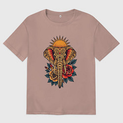 Футболка оверсайз мужская Слон на фоне солнца с розами в стиле тату, цвет: пыльно-розовый