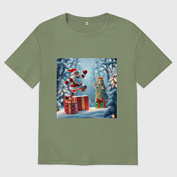Футболка оверсайз мужская Дед Морозио и Принцесса Снегурочка: вперёд за пода, цвет: авокадо