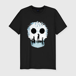 Футболка slim-fit Иллюзия - девушка и юноша держат глаза Skull, цвет: черный