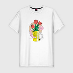 Футболка slim-fit Абстракция тюльпаны в банке, цвет: белый