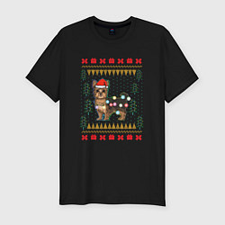 Мужская slim-футболка Рождественский свитер Йоркшик