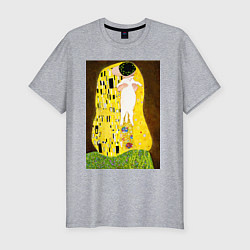 Мужская slim-футболка Густав Климт влюблённые поцелуй с котом