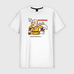 Мужская slim-футболка Счастливый Сайтама с пакетами продуктов One Punch-