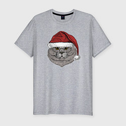 Мужская slim-футболка Новогодний котик в шапке