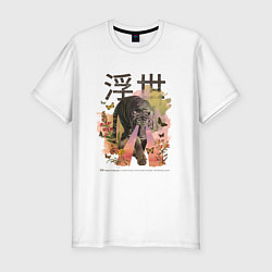 Мужская slim-футболка Японский тигр в стиле Укиё Э Акварельный арт