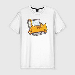 Футболка slim-fit Котик лежит на ноутбуке, цвет: белый