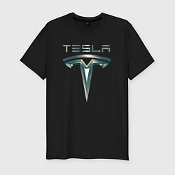 Мужская slim-футболка Tesla Logo Тесла Логотип Карбон