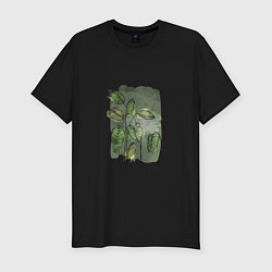 Футболка slim-fit Нежные листья на акварельном фоне, цвет: черный