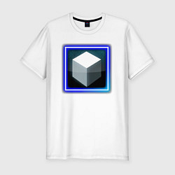 Мужская slim-футболка Белый геометрический куб с сиянием