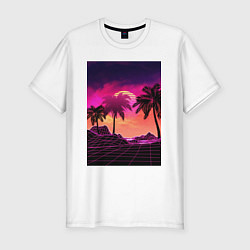 Мужская slim-футболка Пальмы и пляж в розовом закате