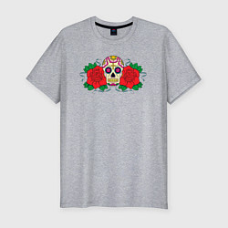Футболка slim-fit Мексиканский череп и розы, цвет: меланж