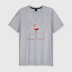 Мужская slim-футболка Розовый фламинго и розовые снежинки: скоро лето