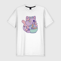 Футболка slim-fit Kawaii жуткий кот и рамен, цвет: белый