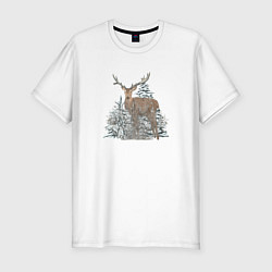 Мужская slim-футболка Олень зимой в лесу
