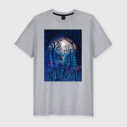 Мужская slim-футболка Объемная иллюстрация из бумаги лес и олень на сине