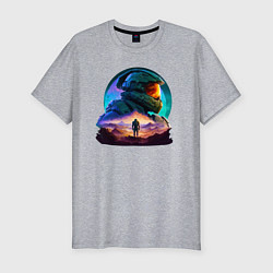 Мужская slim-футболка Киборг и космический пейзаж