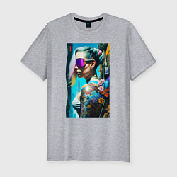 Футболка slim-fit Brave girl - cyberpunk - neural network, цвет: меланж