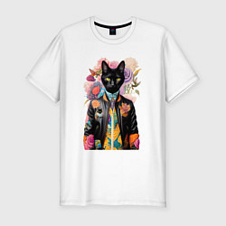Футболка slim-fit Чёрный кот модник - нейросеть, цвет: белый