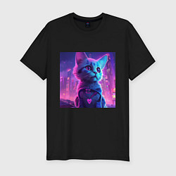 Футболка slim-fit Неоновый котёнок на фоне киберпанк-города, цвет: черный