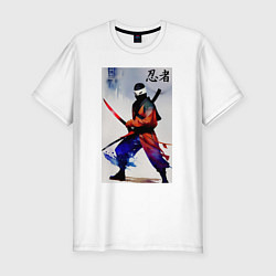 Футболка slim-fit Ninja - sketch - hieroglyphs - art, цвет: белый