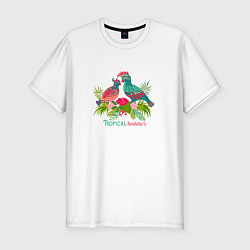 Футболка slim-fit Влюбленные попугаи среди тропических листьев, цвет: белый