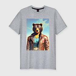 Футболка slim-fit Cool bear in a leather jacket - neural network, цвет: меланж