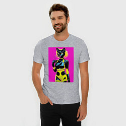 Футболка slim-fit Black cat - fashionista - pop art - neural network, цвет: меланж — фото 2