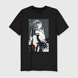 Футболка slim-fit Волк на фоне луны - мегаполис - нейросеть, цвет: черный