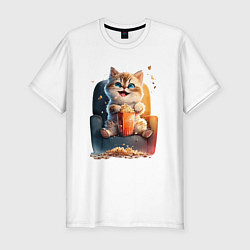 Мужская slim-футболка Веселый котик с попкорном