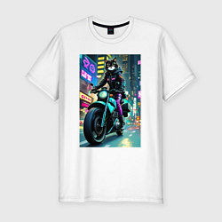 Футболка slim-fit Кошечка байкер - нейросеть, цвет: белый