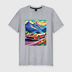 Мужская slim-футболка Авто на фоне гор