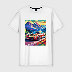 Футболка slim-fit Авто на фоне гор, цвет: белый