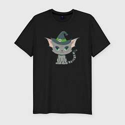 Футболка slim-fit Кот в шляпе - милый котенок на хэллоуин, цвет: черный