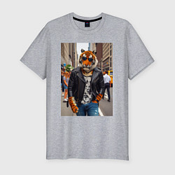 Футболка slim-fit Cool tiger on the streets of New York - ai art, цвет: меланж